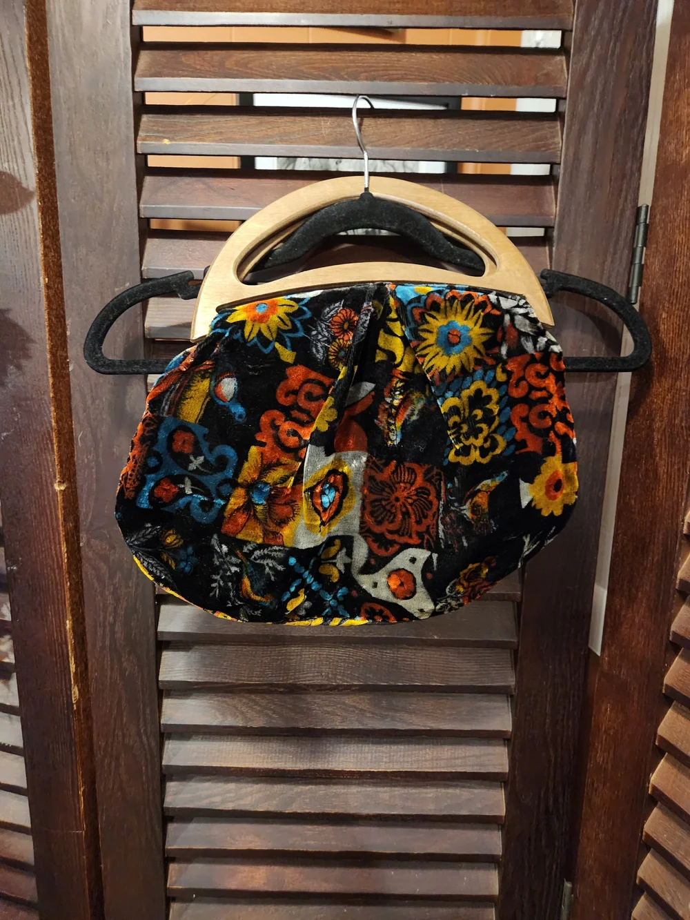 Vintage Black Multi Floral Velvet Clutch with Wooden Handle